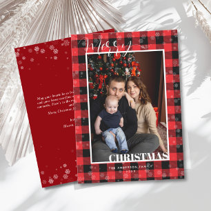 Classic Red Buffalo Plaid Snow Photo Christmas  Holiday Card