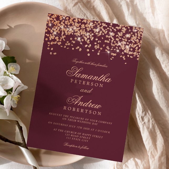 Classic red burgundy rose gold confetti wedding invitation (Classic red burgundy rose gold confetti wedding invitation)