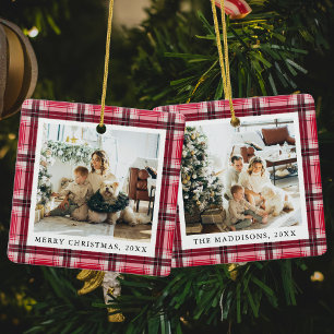 Classic Red Christmas Plaid Family Photos Ceramic Ornament
