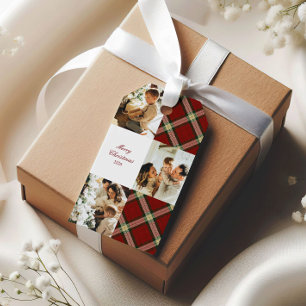 Classic Red Christmas Plaid Three Photo Gift Tags