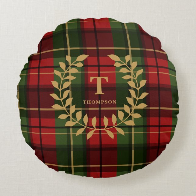 Classic Red Christmas Plaid With Monogram Wreath Round Cushion (Front)