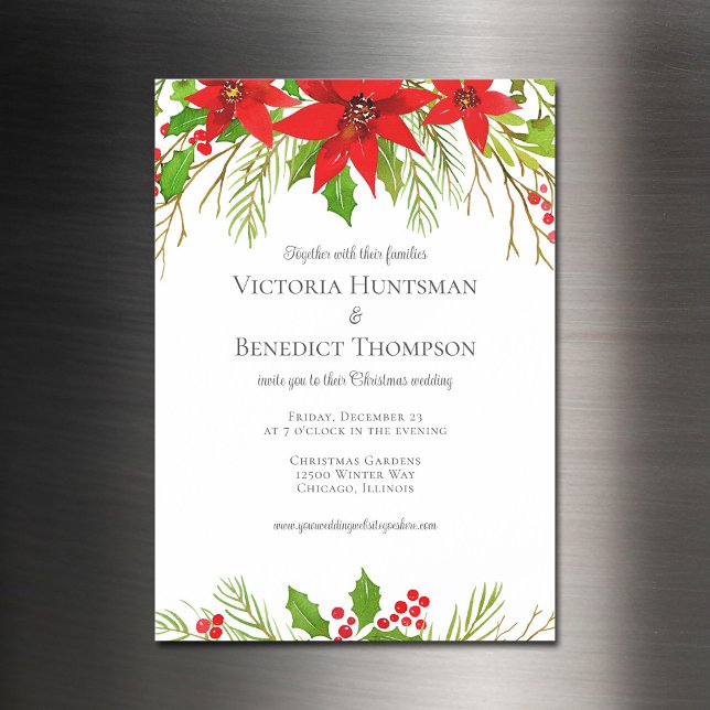 Classic Red Christmas Poinsettia Floral Wedding Magnetic Invitation (Creator Uploaded)