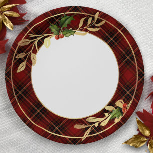 Classic Red Christmas Tartan, Holly & Gold Leaves Paper Plate