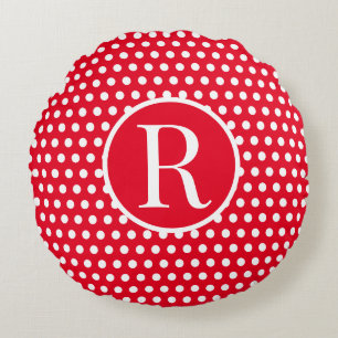 Classic Red Custom initial letter Polka Dot Round Cushion