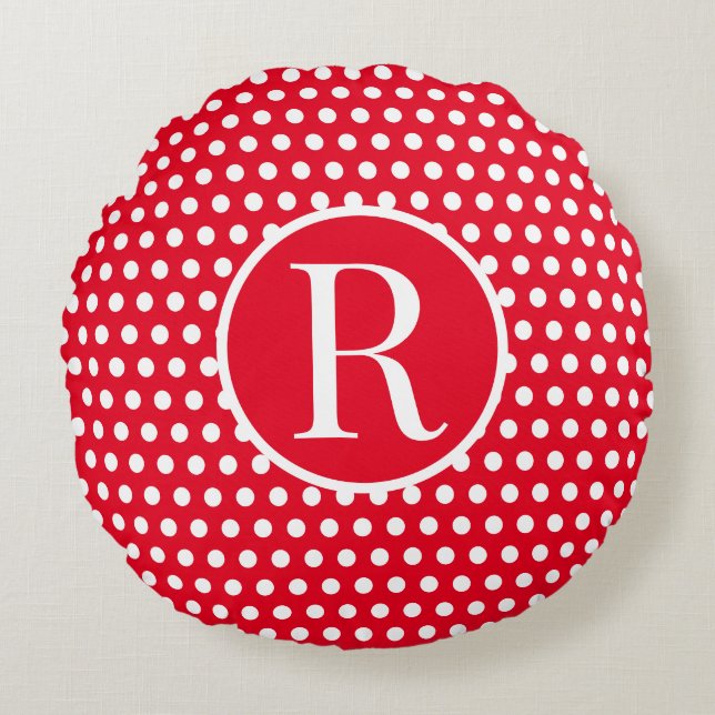 Classic Red Custom initial letter Polka Dot  Round Cushion (Front)
