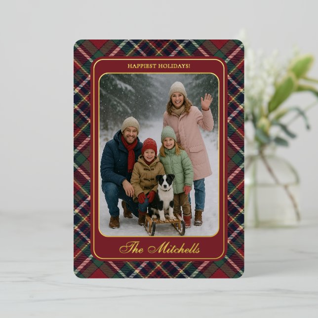 Classic Red Dark Blue Green Plaid Pattern Gold (Standing Front)