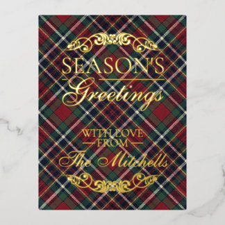 Classic Red Dark Blue Green Plaid Pattern Gold Foil Holiday Postcard