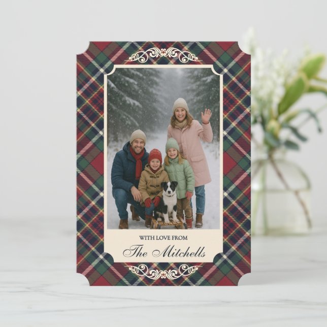 Classic Red Dark Blue Green Plaid Pattern Holiday Card (Standing Front)