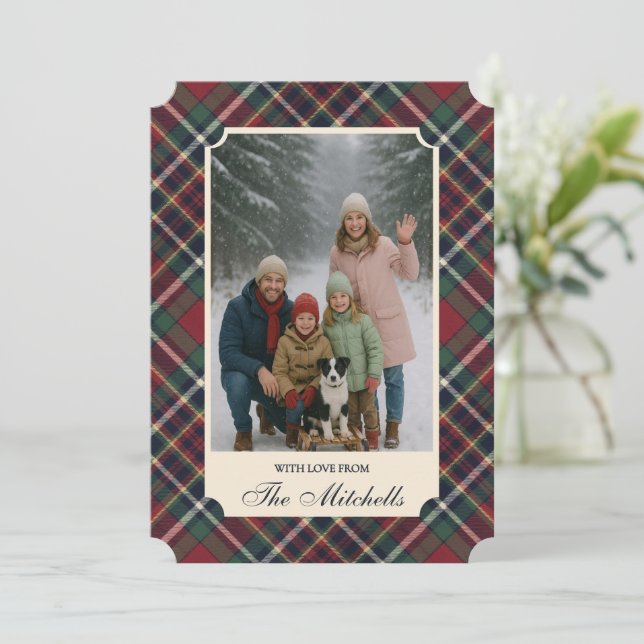 Classic Red Dark Blue Green Plaid Pattern Holiday Card (Standing Front)