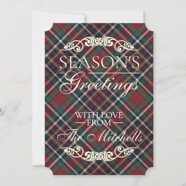 Classic Red Dark Blue Green Plaid Pattern Holiday Card (Front)