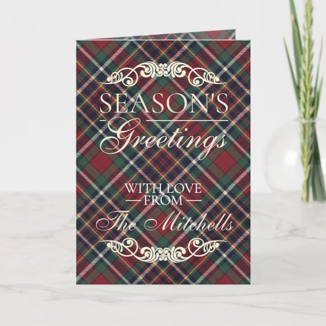 Classic Red Dark Blue Green Plaid Pattern Holiday Card (Front)
