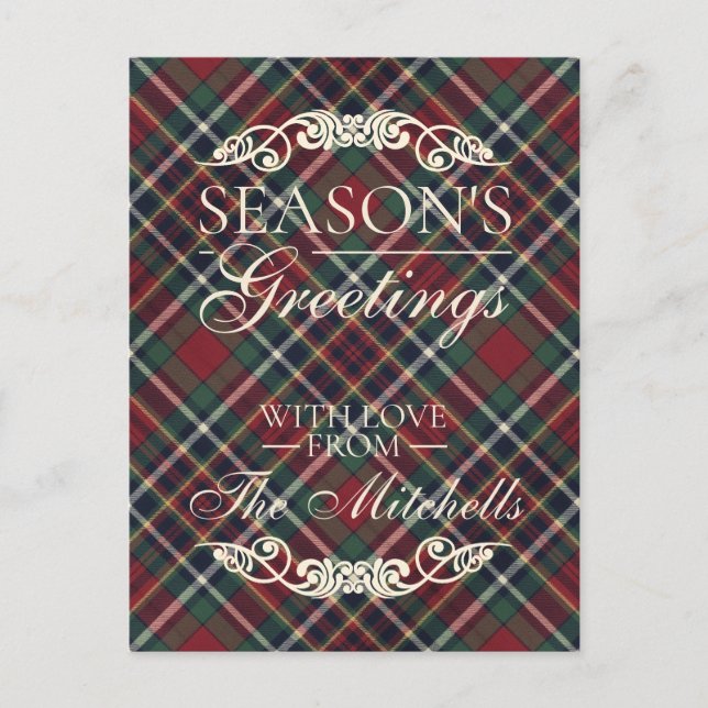 Classic Red Dark Blue Green Plaid Pattern Holiday Postcard (Front)