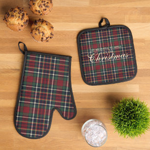 Classic Red Dark Blue Green Plaid Pattern Oven Mitt & Pot Holder Set