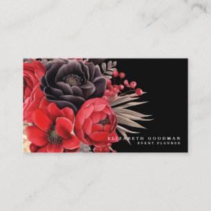 Classic Red Floral Black Business Cards