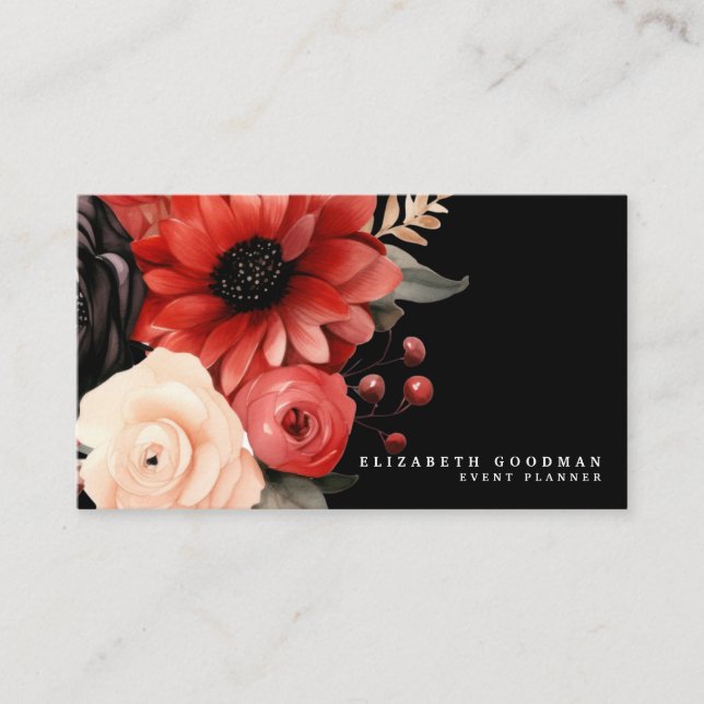 Classic Red Floral Black Business Cards (Front)