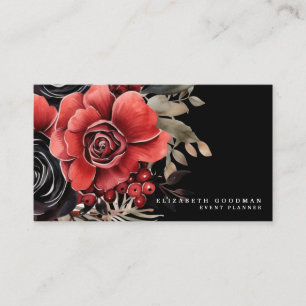 Classic Red Floral Black Business Cards