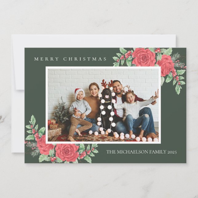 Classic Red Floral Christmas Photo Holiday Card (Front)