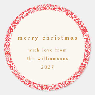 Classic Red Floral Personalised Christmas Greeting Round Sticker