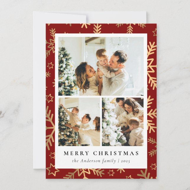 Classic Red Gold Photo Collage Christmas Holiday Card (Front)