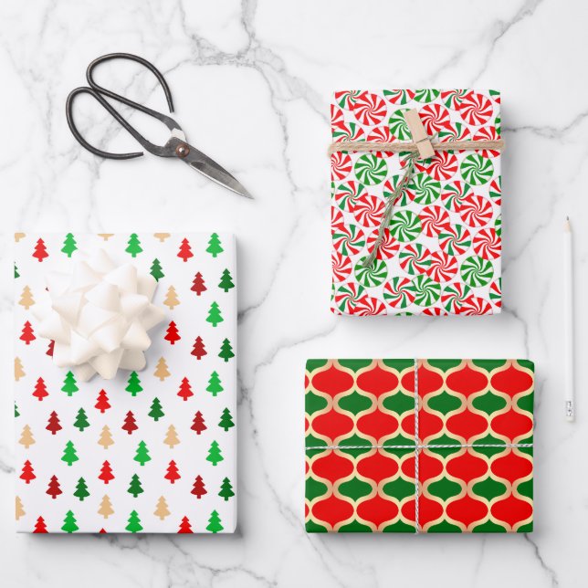Classic Red Green and Gold Holiday Patterns Wrapping Paper Sheet (Front)