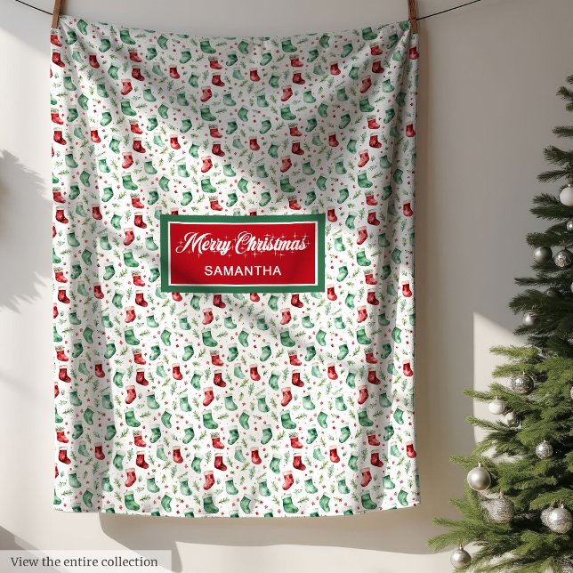 Classic red green Christmas stocking custom name Fleece Blanket (Classic red green Christmas stocking custom name Fleece Blanket )