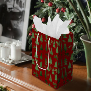 Classic Red & Green Christmas Tree Jolly Pattern Medium Gift Bag