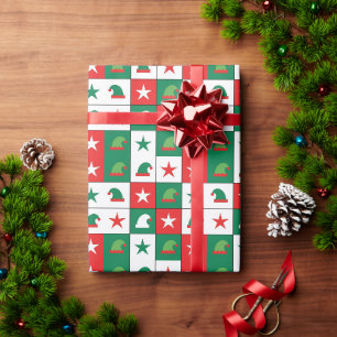 Classic Red & Green Elf Hat Checkerboard Pattern Wrapping Paper