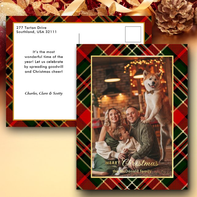 Classic Red, Green, Gold Christmas Plaid 1-Photo Foil Holiday Postcard (Creator Uploaded)