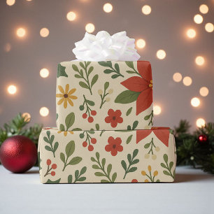 Classic Red Green Holiday Floral Pattern Wrapping Paper