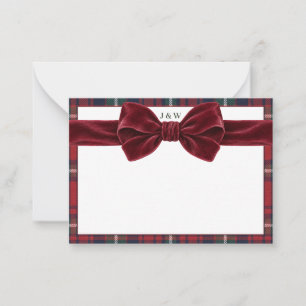Classic Red Green Plaid & Bow Custom Initials Card