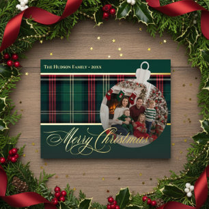 Classic Red Green Plaid Christmas Bulb Photo Foil Holiday Postcard