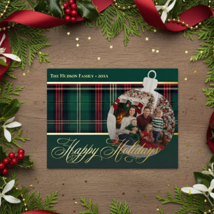 Classic Red Green Plaid Holidays Bulb Photo Foil Holiday Postcard
