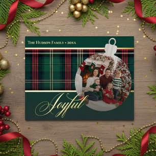 Classic Red Green Plaid Joyful Bulb Photo Foil Holiday Postcard