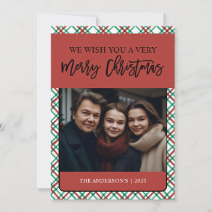 Classic Red Green Plaid One Photo Holiday Card