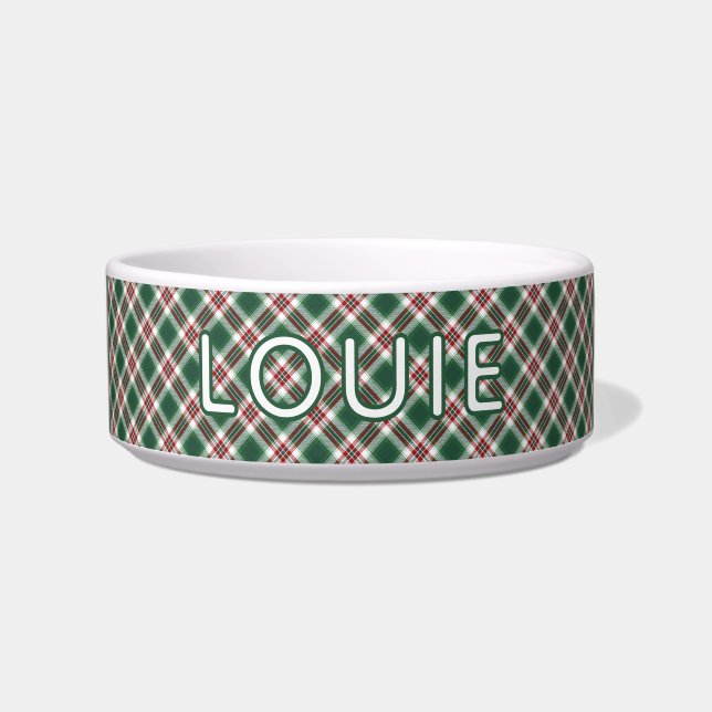 Classic Red Green Plaid Pattern Custom Name Dog Bowl (Front)