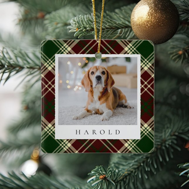 Classic Red Green Plaid Personalized Pet Dog Photo Ceramic Ornament (Creator Uploaded)