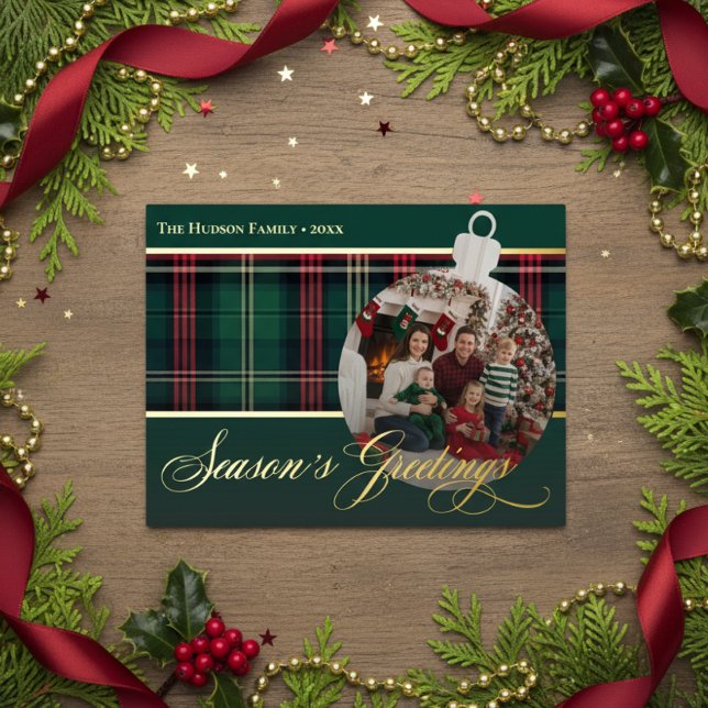 Classic Red Green Plaid Seasons Greet Bulb Photo Foil Holiday Postcard (Creator Uploaded)