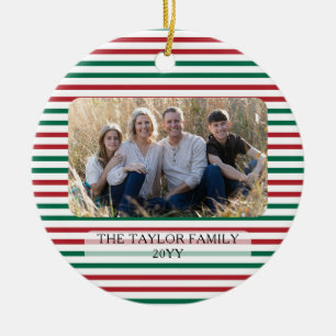 Classic Red Green Striped Photo Christmas Ceramic Tree Decoration