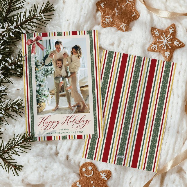Classic Red Green Stripes Bow Happy Holidays Photo Holiday Card (Creator Uploaded)