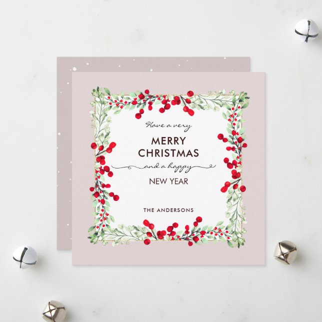 Classic Red Green Winter Botanical Soft Peach XMas Holiday Card (Front/Back In Situ)