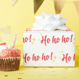 Classic Red Ho Ho Ho Text with Golden Stars White Wrapping Paper