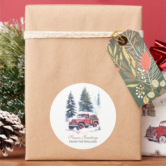Classic Red Jeep snow Christmas Tree Personalised  Round Sticker (Holiday)