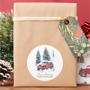Classic Red Jeep snow Christmas Tree Personalised  Round Sticker