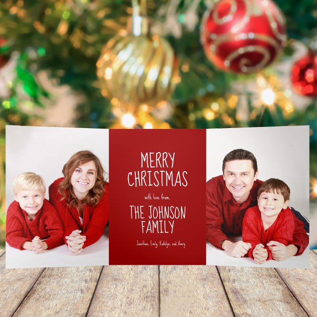 Classic Red Merry Christmas 4 Family Photo Festive Tri-Fold Holiday Card (Creator Uploaded)