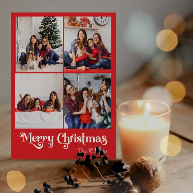 Classic Red Merry Christmas Vertical Four Photo Holiday Postcard (Creator Uploaded)