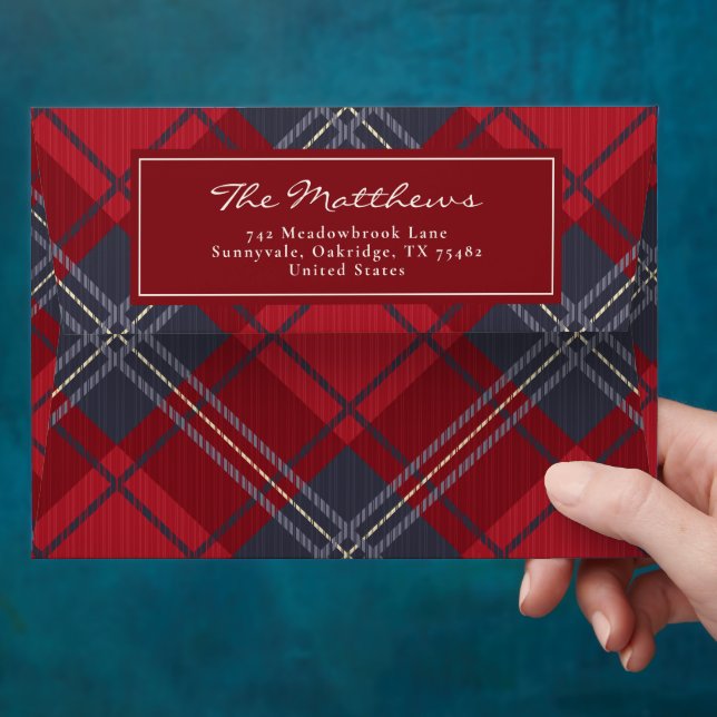 Classic Red Navy Tartan Christmas Envelope (Hand)