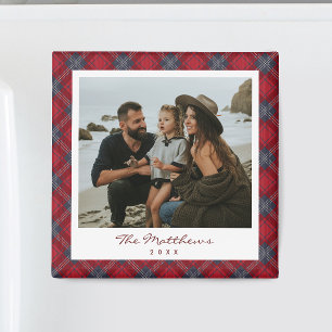 Classic Red Navy Tartan Family Photo Christmas Magnet