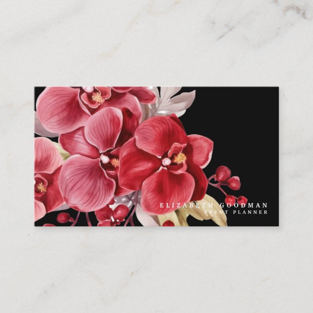 Classic Red Orchids Black Business Cards (Front)