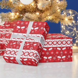 Classic red pattern stripes and winter gloves snow wrapping paper