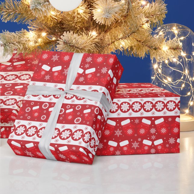 Classic red pattern stripes and winter gloves snow wrapping paper (Holidays)